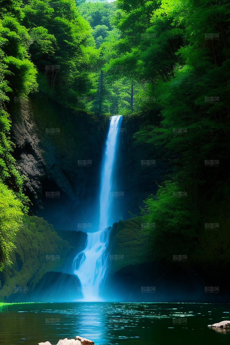 深绿色的大瀑布与湍急的河流