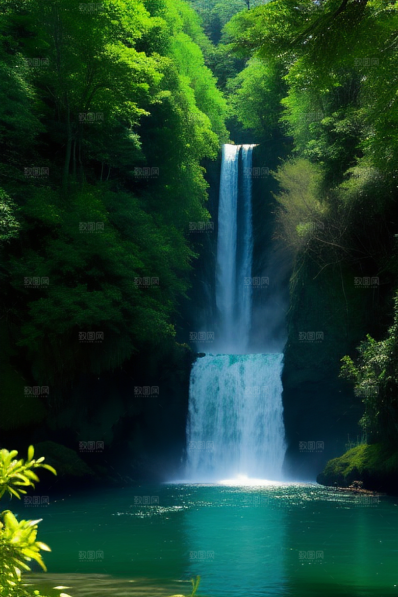 深绿色的大瀑布与湍急的河流