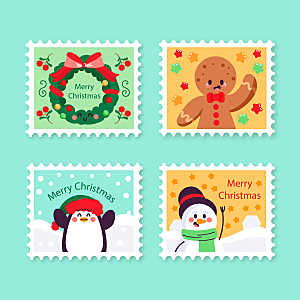圣诞节卡通插画邮票模板