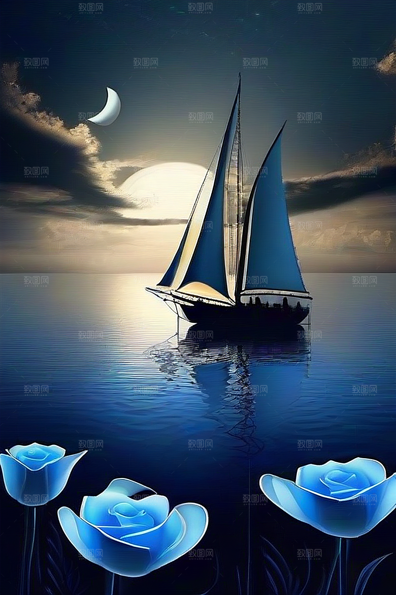 深海中漂浮的巨大蓝玫瑰