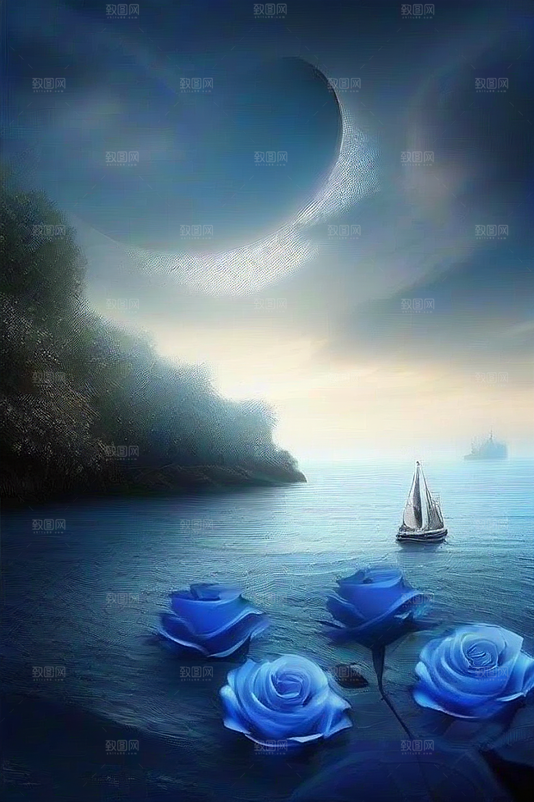 深海中漂浮的巨大蓝玫瑰
