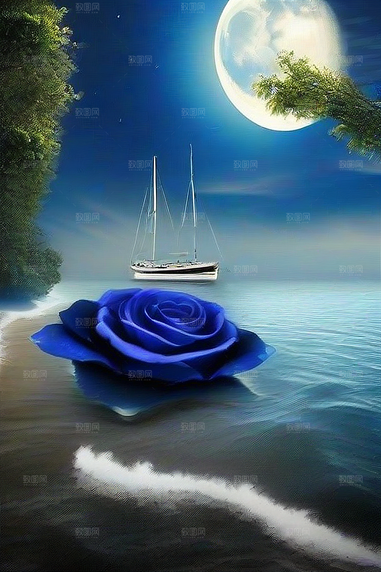 深海中漂浮的巨大蓝玫瑰