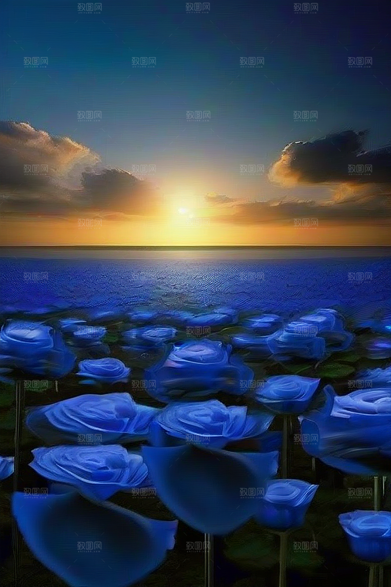 深海中漂浮的巨大蓝玫瑰