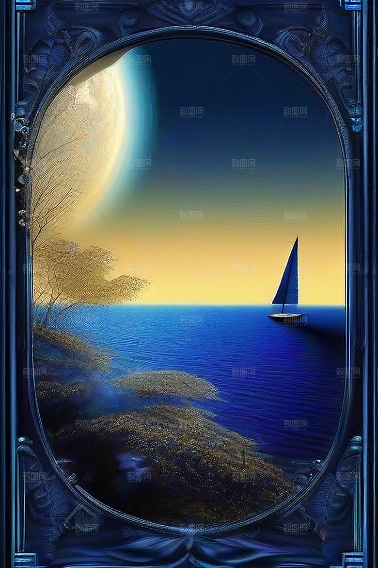 魔幻蓝色海洋中的帆船