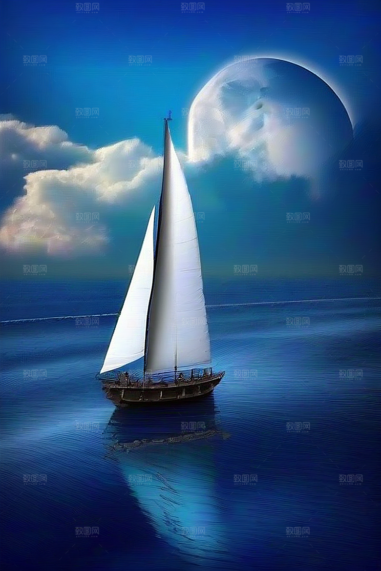 魔幻蓝色海洋中的帆船