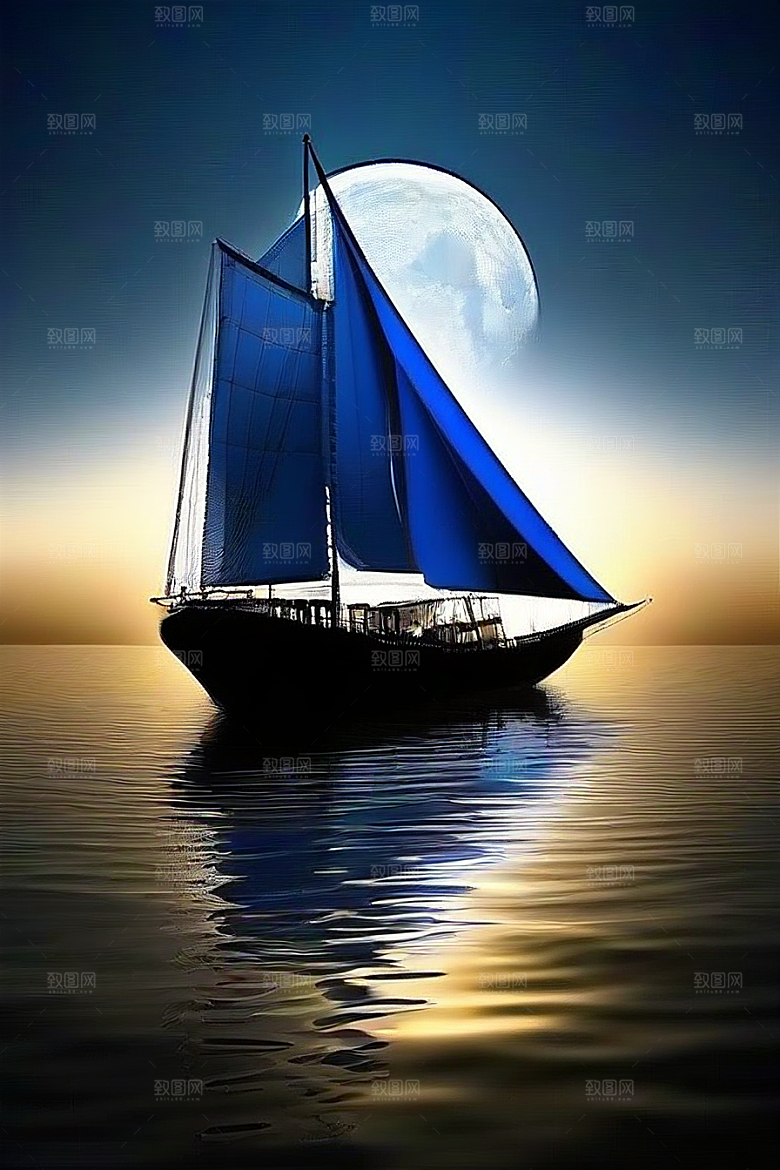 魔幻蓝色海洋中的帆船