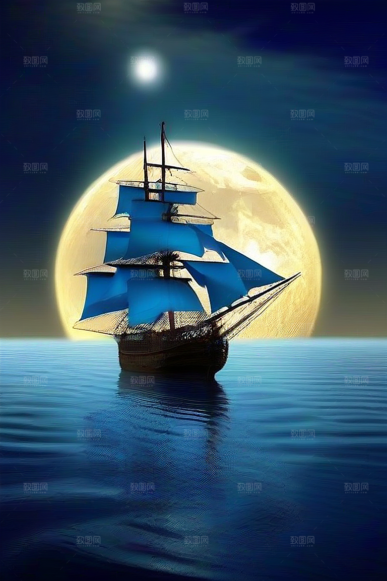 魔幻蓝色海洋中的帆船