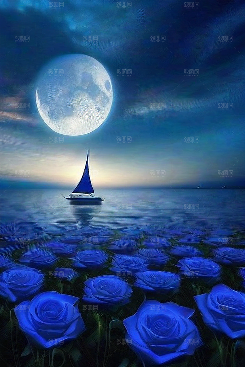 魔幻蓝色海洋中的帆船
