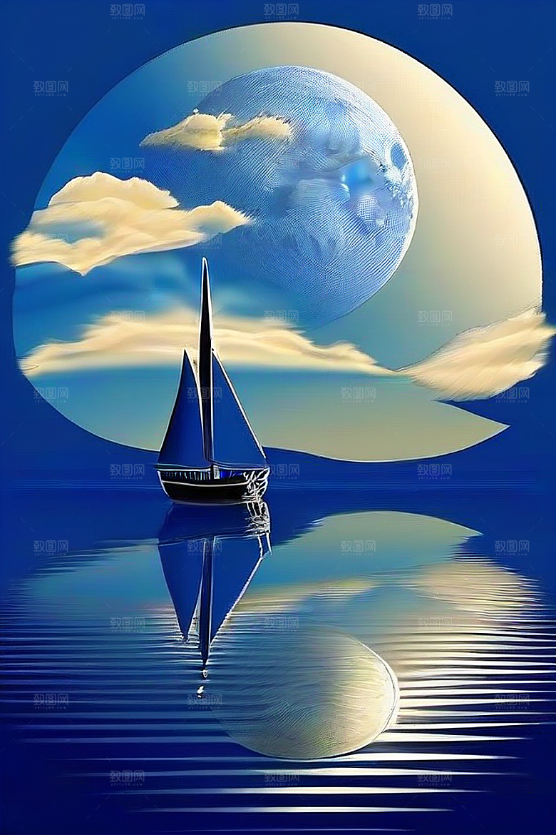 魔幻蓝色海洋中的帆船