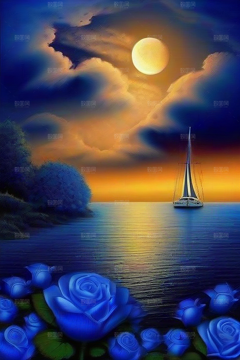 魔幻蓝色海洋中的帆船