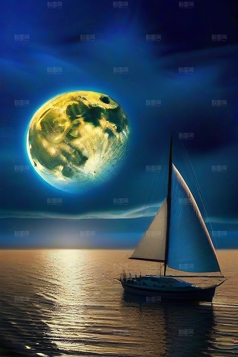 魔幻蓝色海洋中的帆船