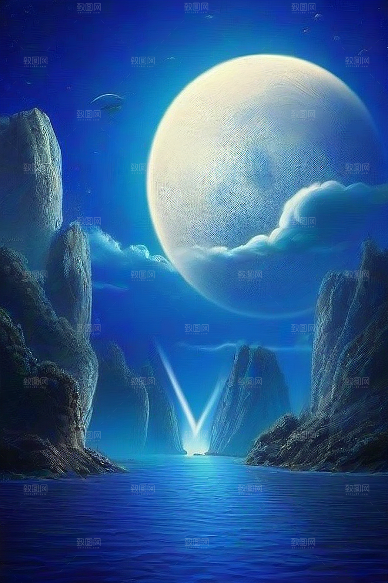 魔幻蓝色海洋中的帆船