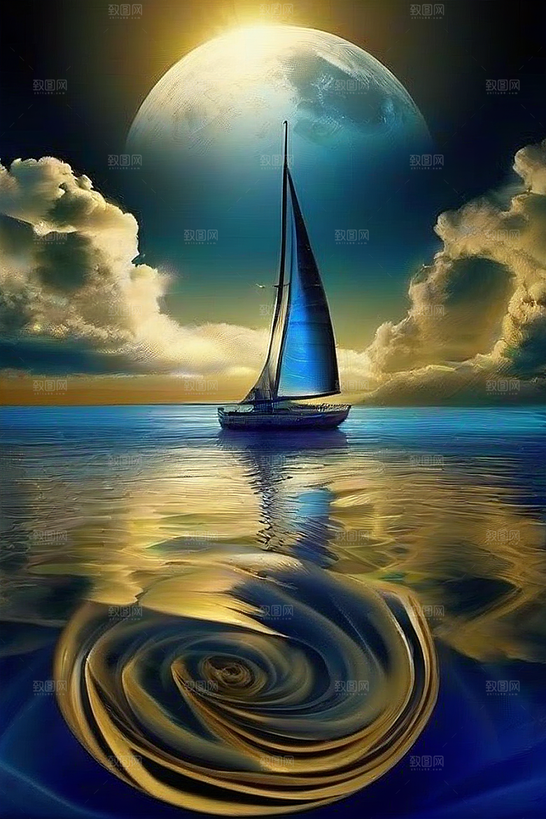 魔幻蓝色海洋中的帆船