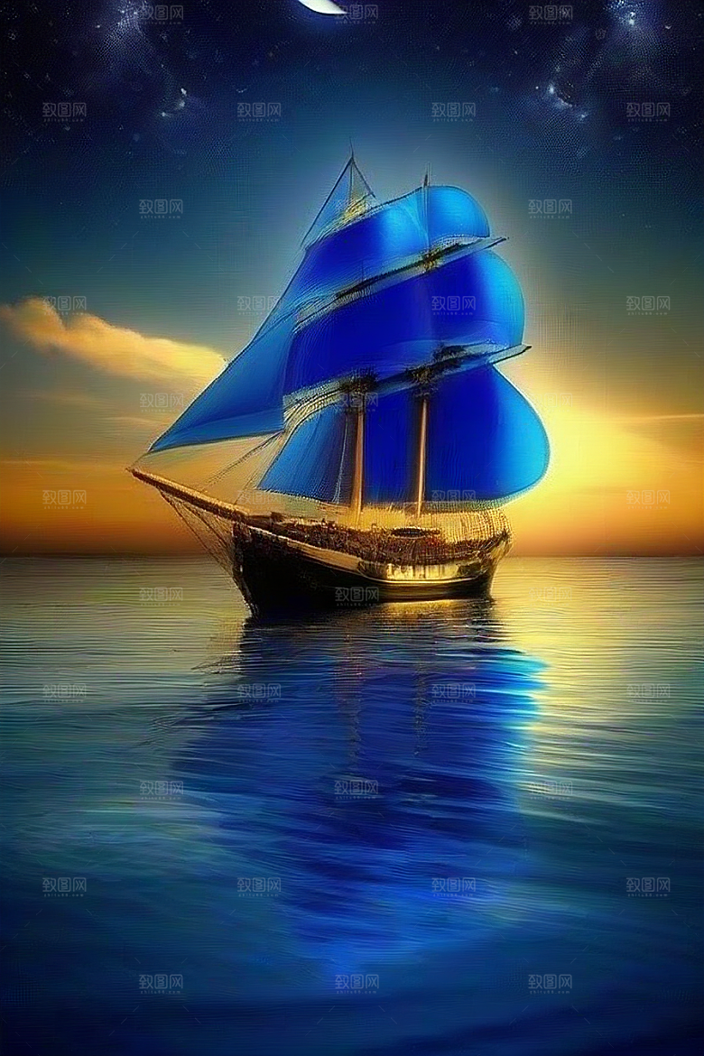 魔幻蓝色海洋中的帆船