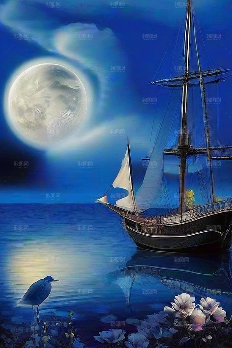 魔幻蓝色海洋中的帆船