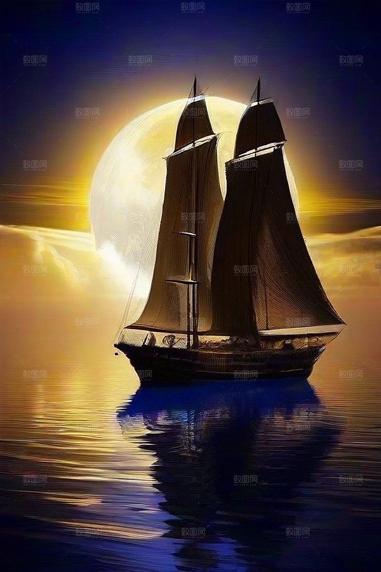 魔幻蓝色海洋中的帆船