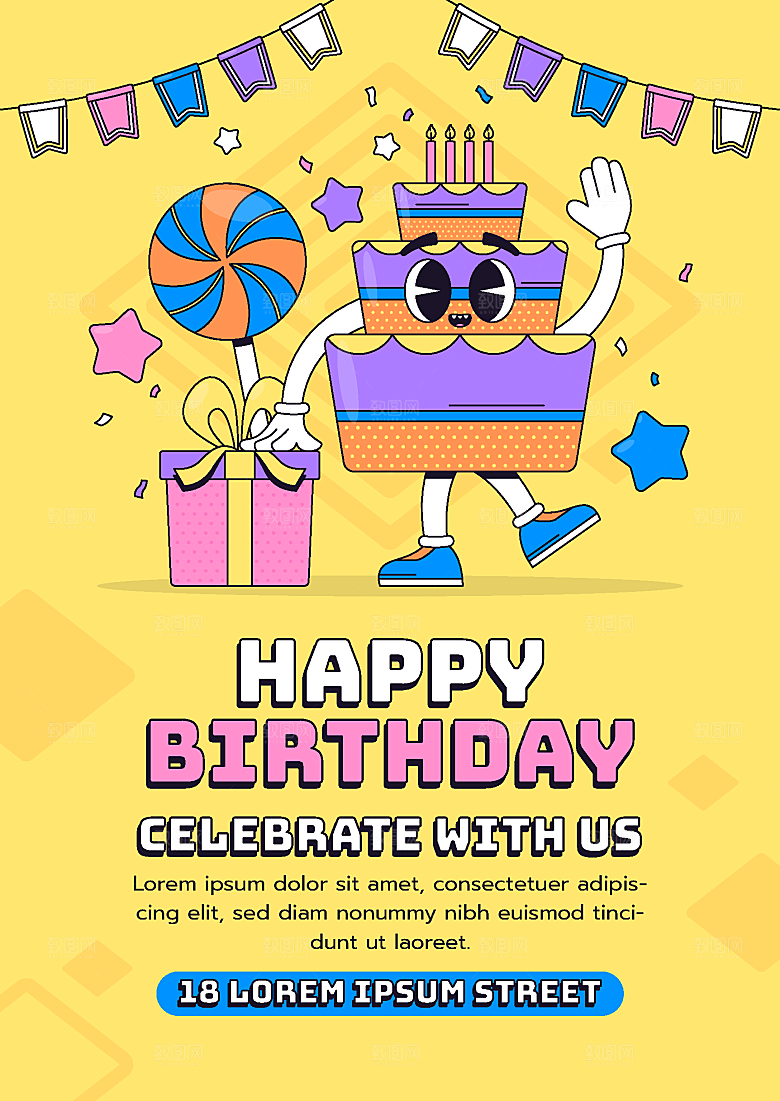 可爱生日蛋糕装饰生日海报
