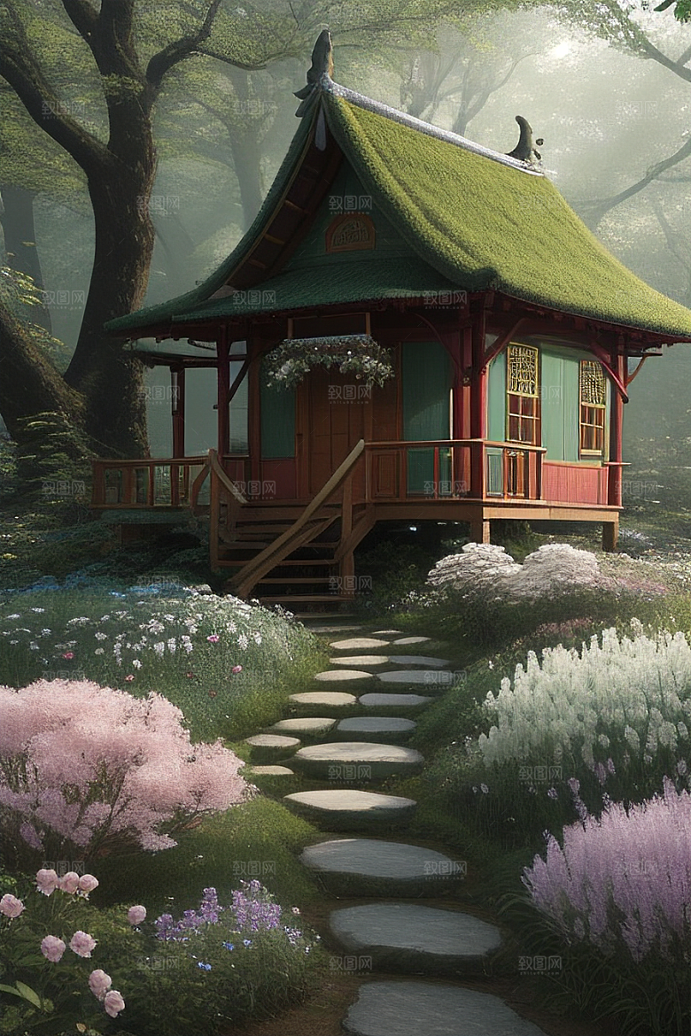 多样花叶与柔软云朵的环绕