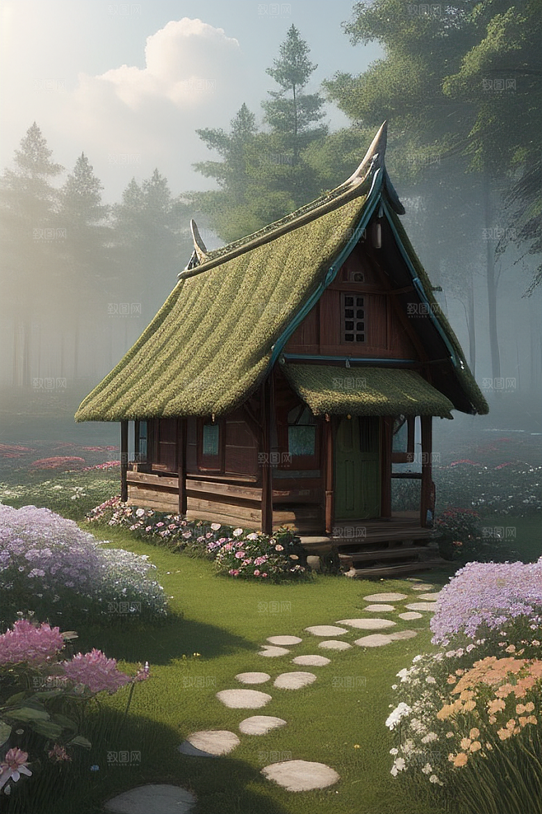 多样花叶与柔软云朵的环绕