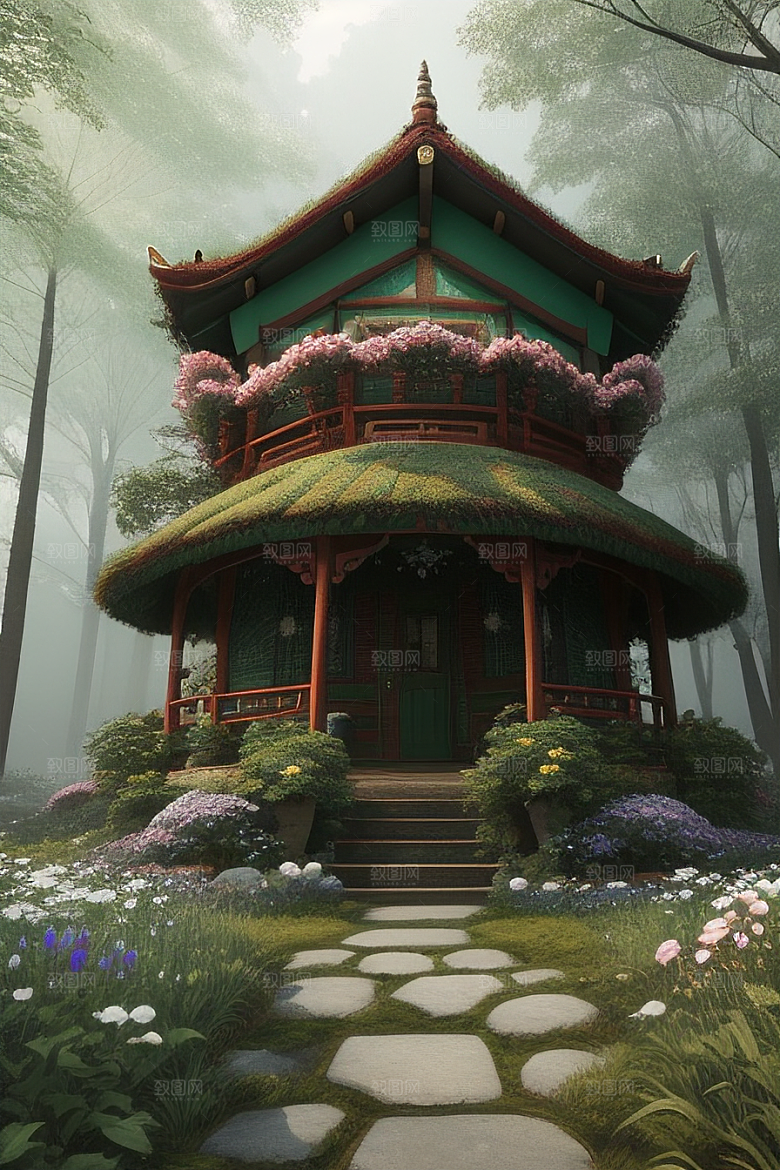 多样花叶与柔软云朵的环绕