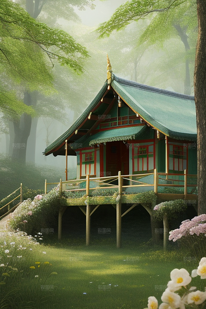 多样花叶与柔软云朵的环绕