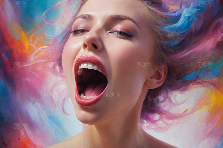 美女的水彩嘴巴插画特写