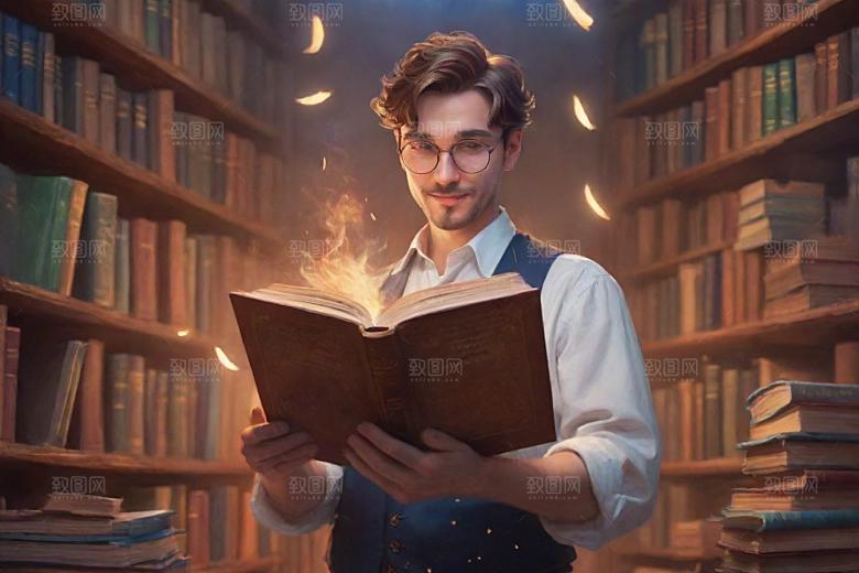 书香男子的魔幻世界动画人物书中走出