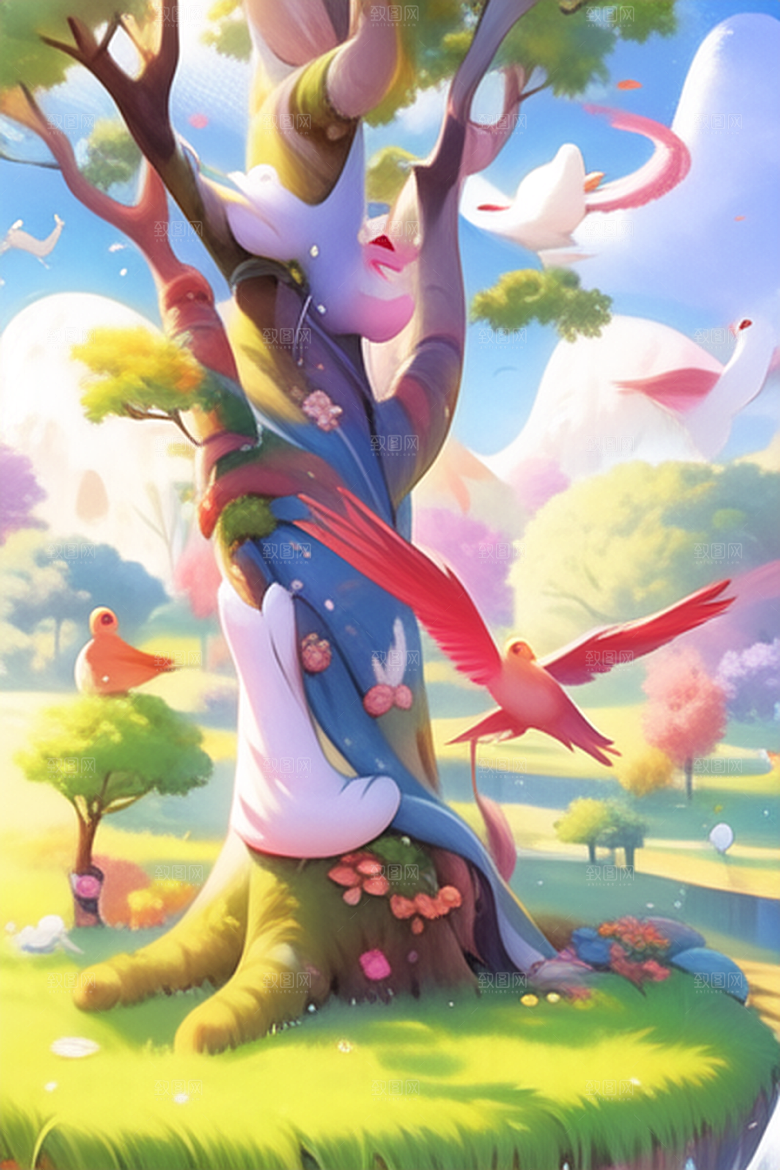 小河边小村落植物风景图