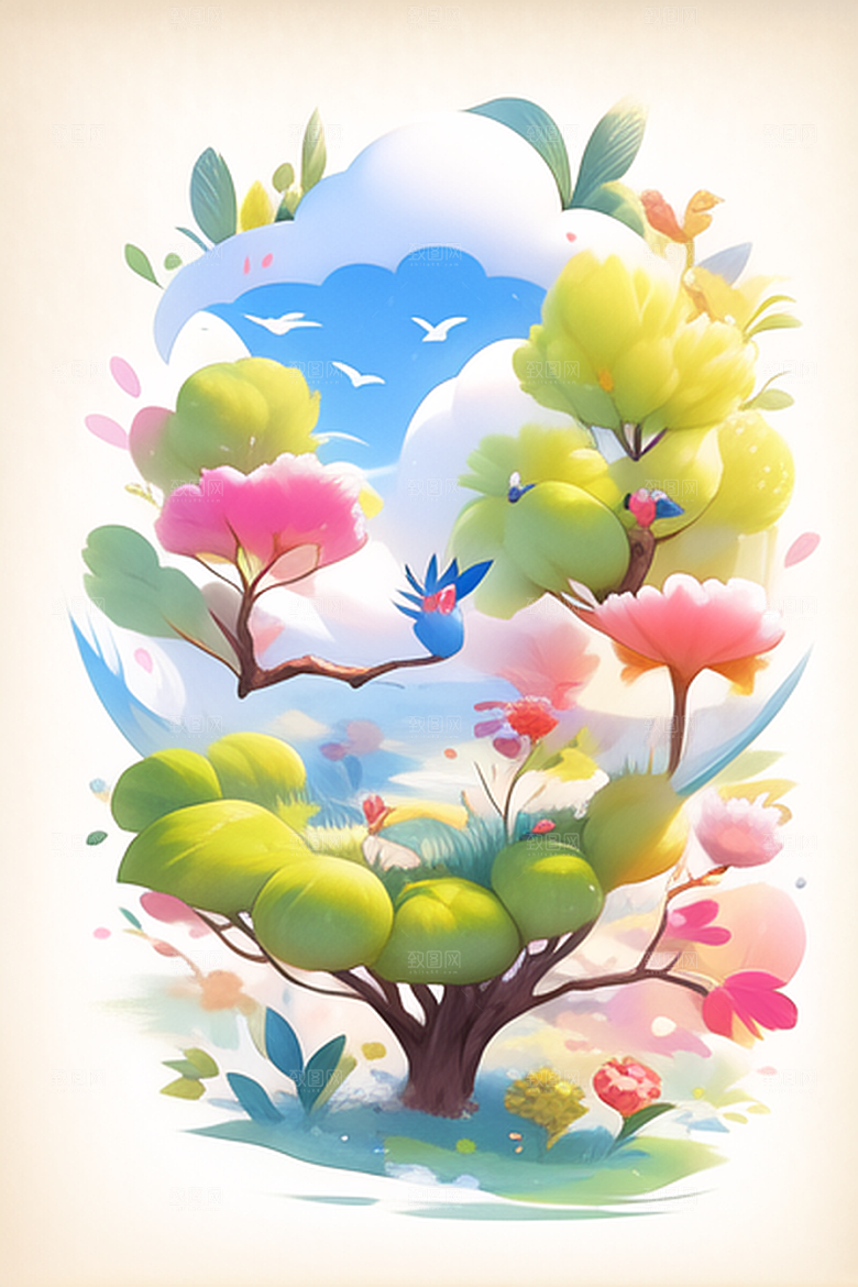 小河边小村落植物风景图