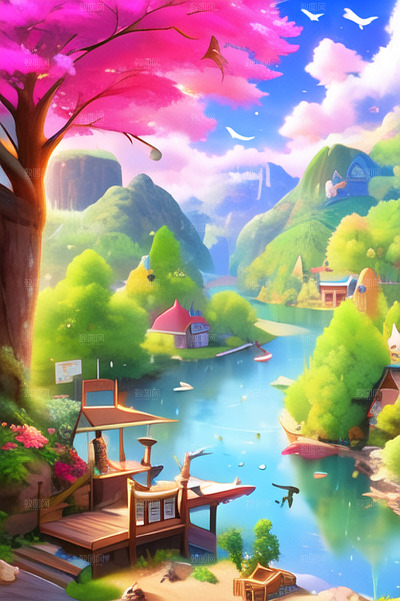 小河边小村落植物风景图