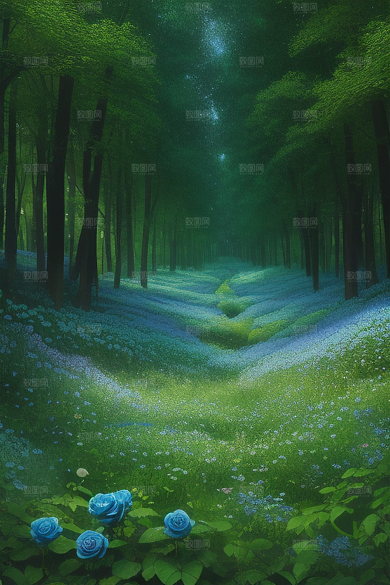 星光与蓝色玫瑰美景