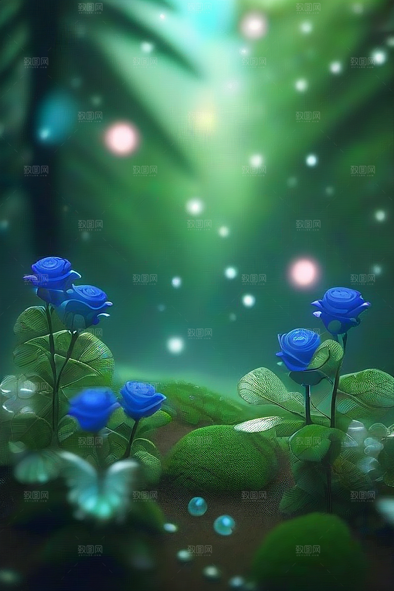 清晨的蓝色花园美景