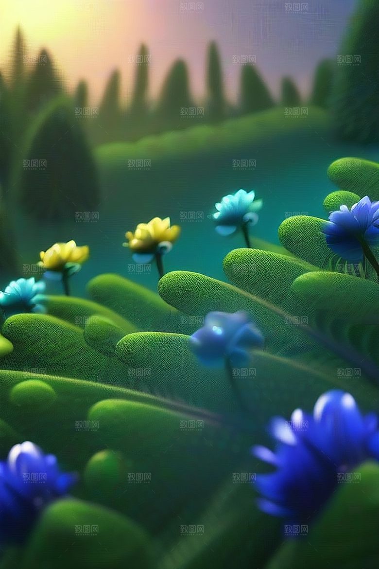 清晨的蓝色花园美景