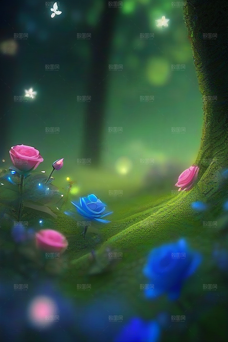 清晨的蓝色花园美景
