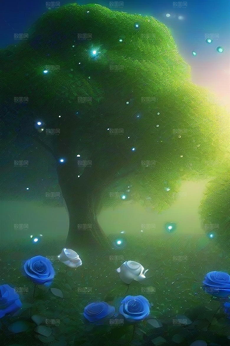清晨的蓝色花园美景