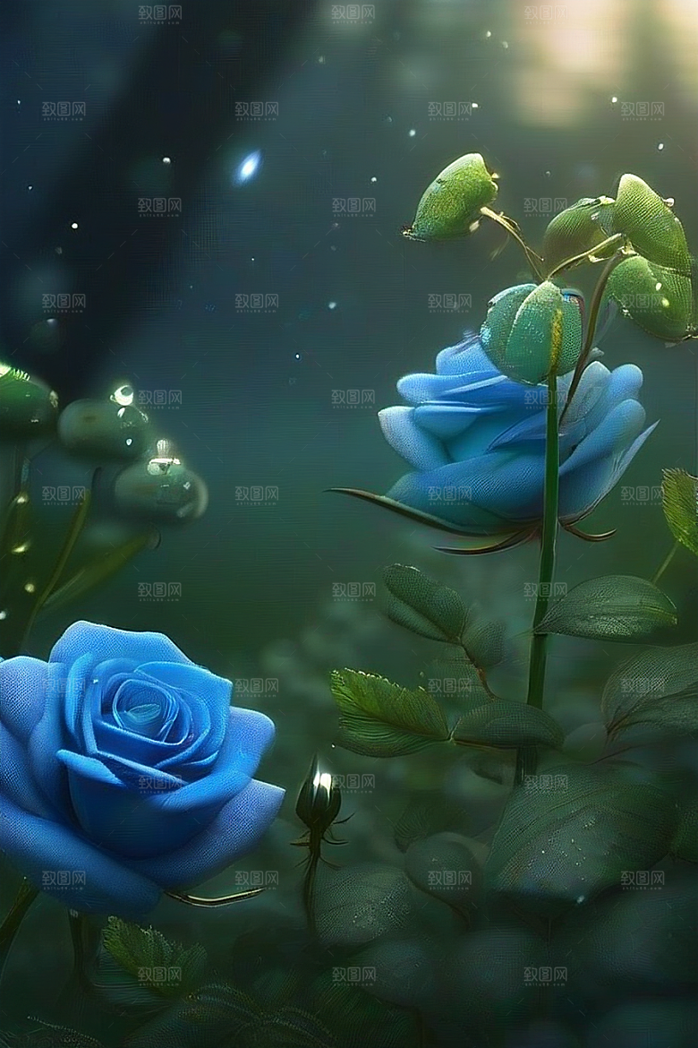 清晨的蓝色花园美景
