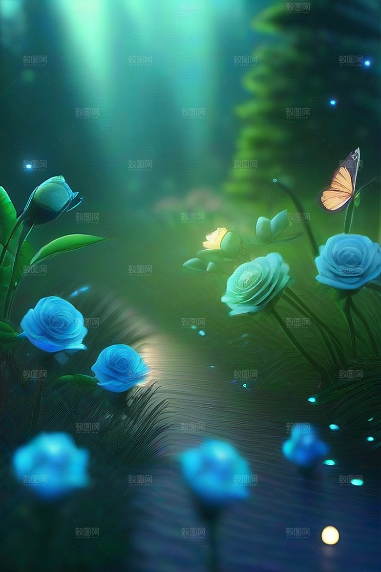 清晨的蓝色花园美景