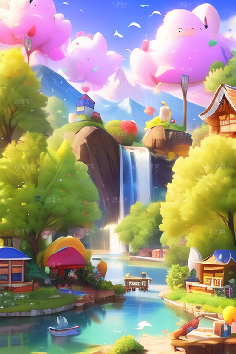 山中河边小村风景