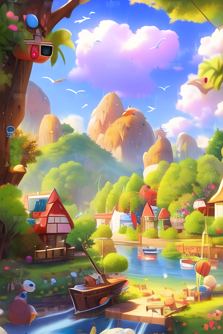 山中河边小村风景