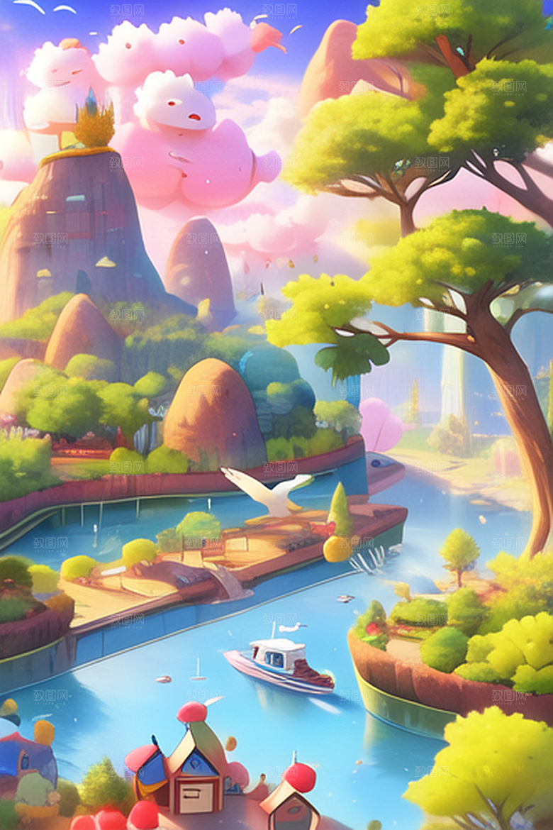 美丽植物建筑小河风景图
