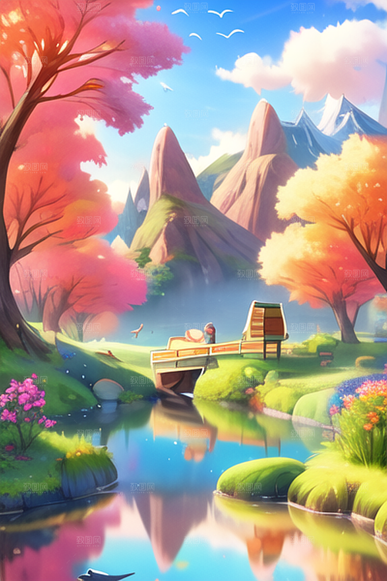 河边小村落风景图