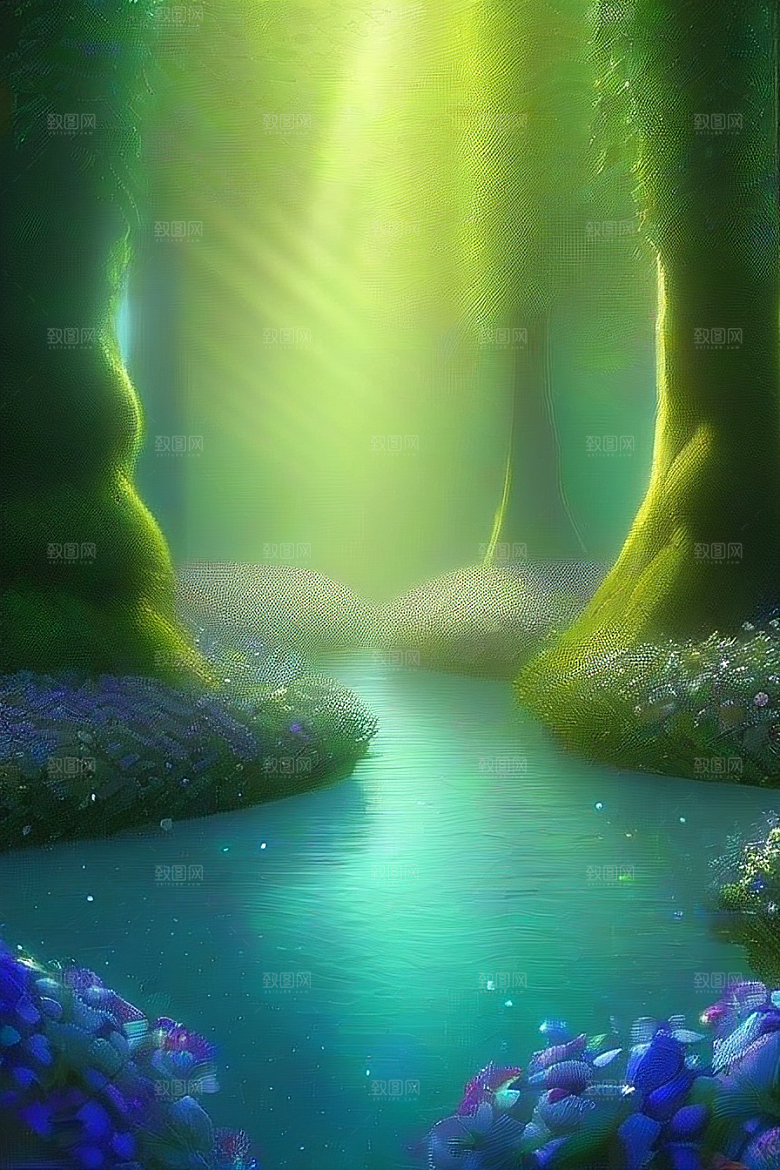 清晨的绿色森林美景