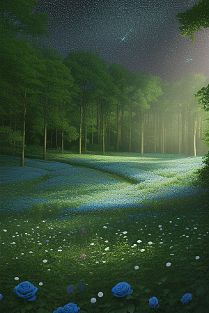 星光与蓝色玫瑰美景