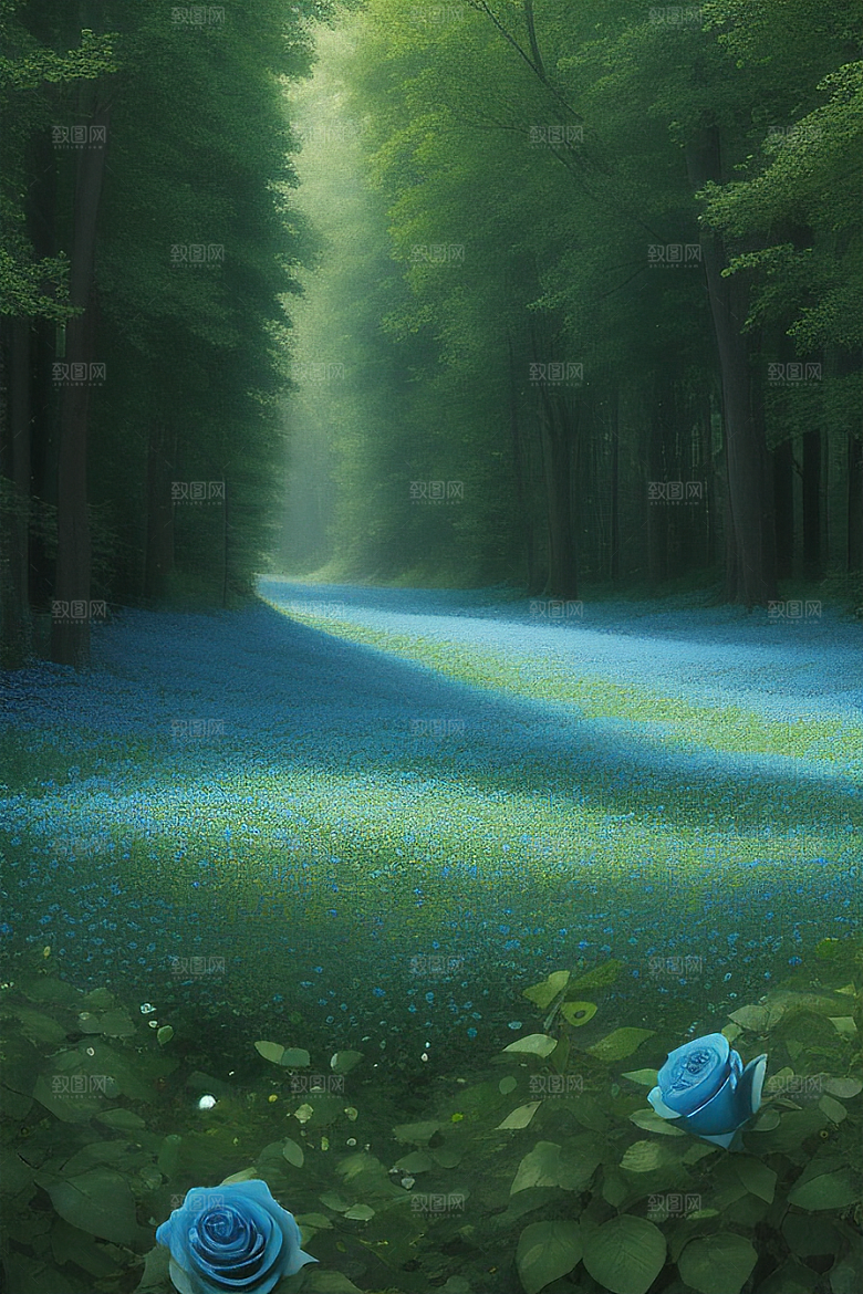 清晨的蓝色花园美景