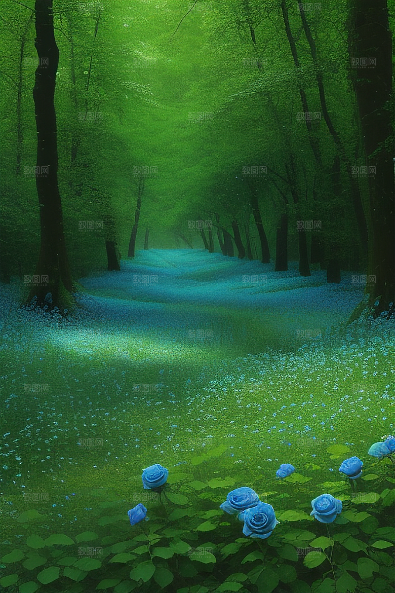 清晨的蓝色花园美景