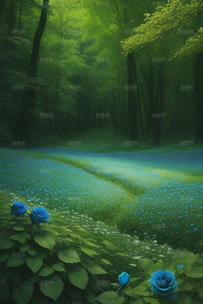 清晨的蓝色花园美景