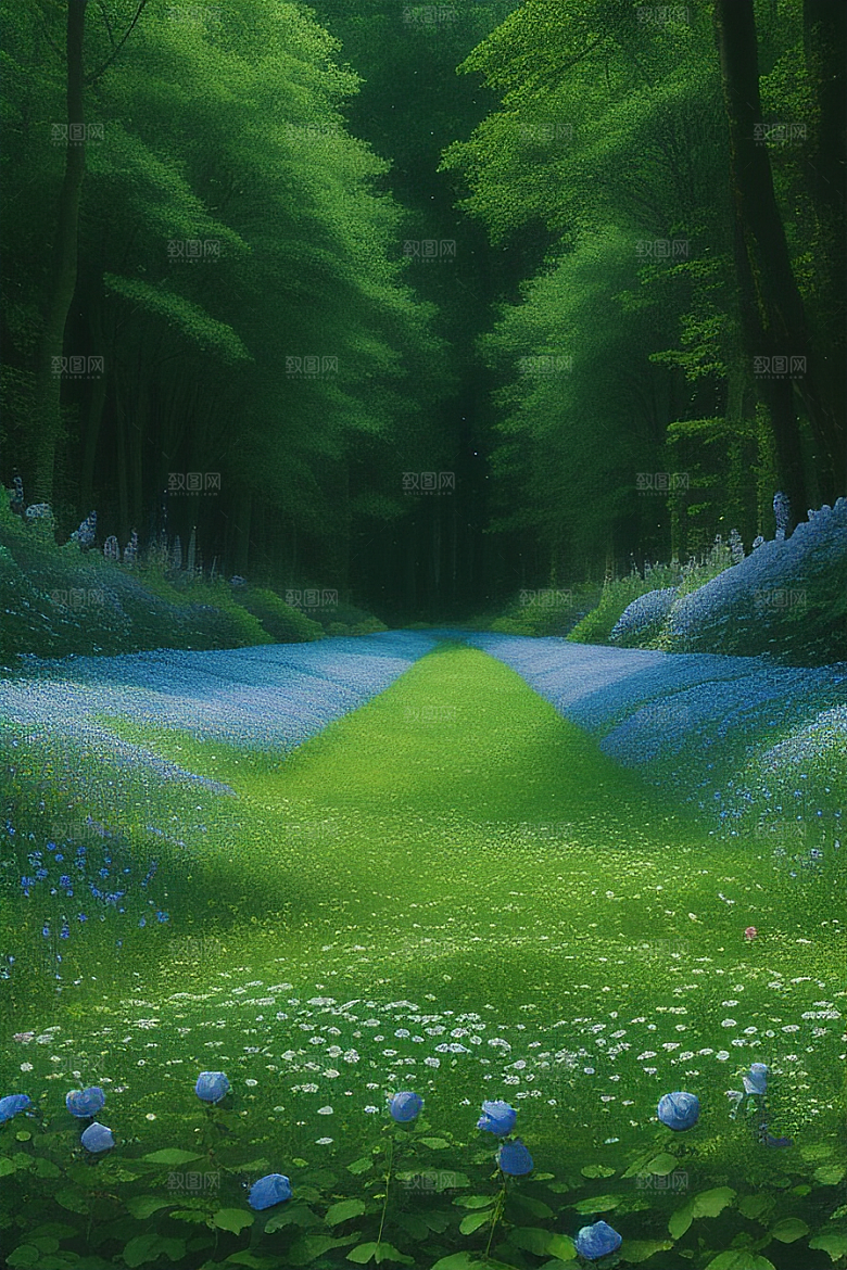 清晨的绿色森林美景