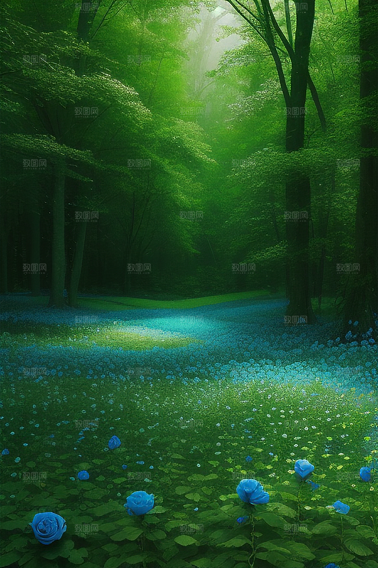 清晨的绿色森林美景