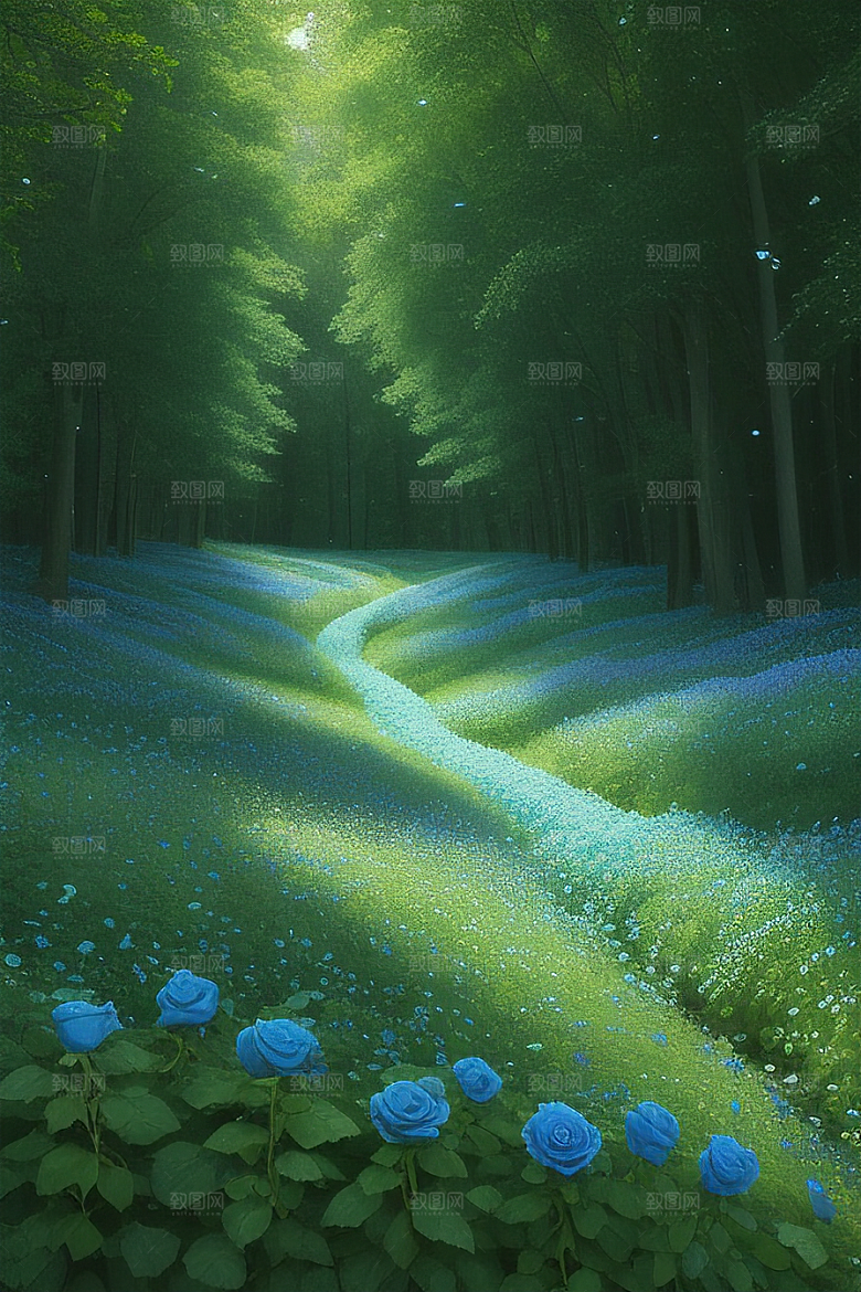 清晨的绿色森林美景
