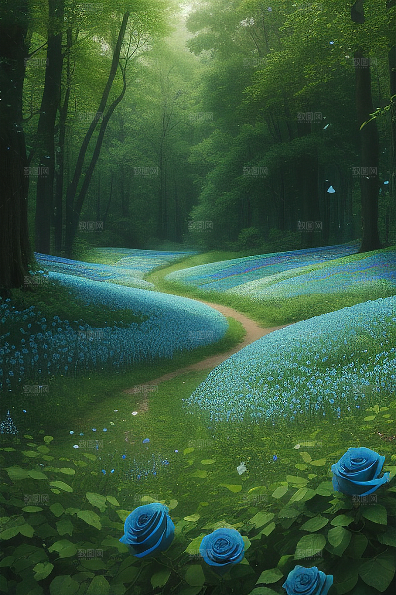 清晨的绿色森林美景